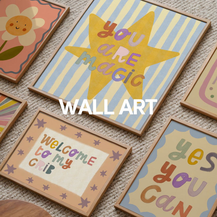 Collection of whimsical nursery wall art prints by Lara & Kin, featuring playful hand-lettering, soft pastel colours, and modern Scandi-inspired designs for children’s bedrooms and playrooms.