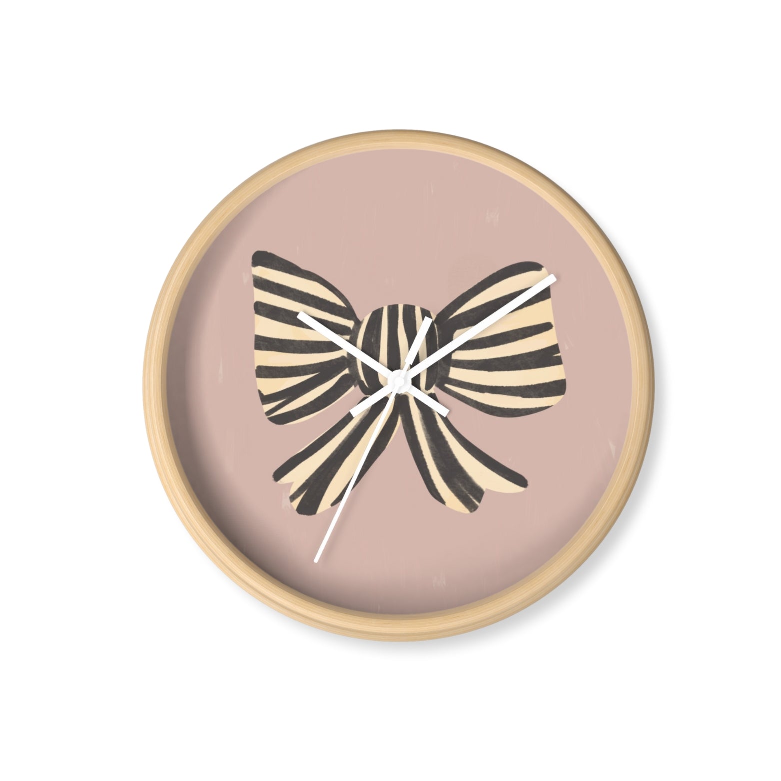 Round bamboo nursery wall clock with hand-painted striped black and cream bow on a muted pink background and white clock hands