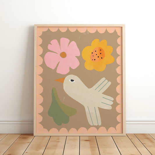 Whimsical folk art print featuring a cream bird in flight with pastel pink and yellow flowers, green leaf, and a peach scalloped border on a warm taupe background.