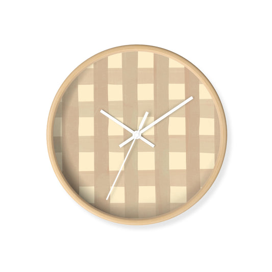 Round bamboo wall clock with beige and tan checkered face and black hands on white background, styled for neutral nursery decor