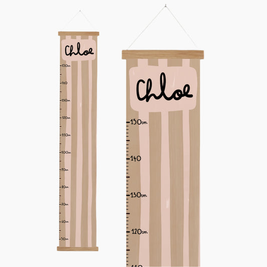 Personalised canvas height chart featuring hand-painted blush and taupe stripes with a name at the top and measurement markings from 50 cm to 150 cm.
