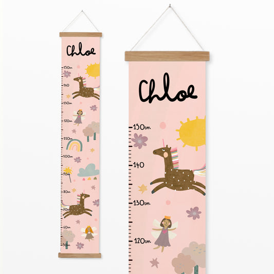 Personalised pink fairy garden height chart for girls with unicorns, fairies, rainbows and sun – name Chloe shown – Lara & Kin
