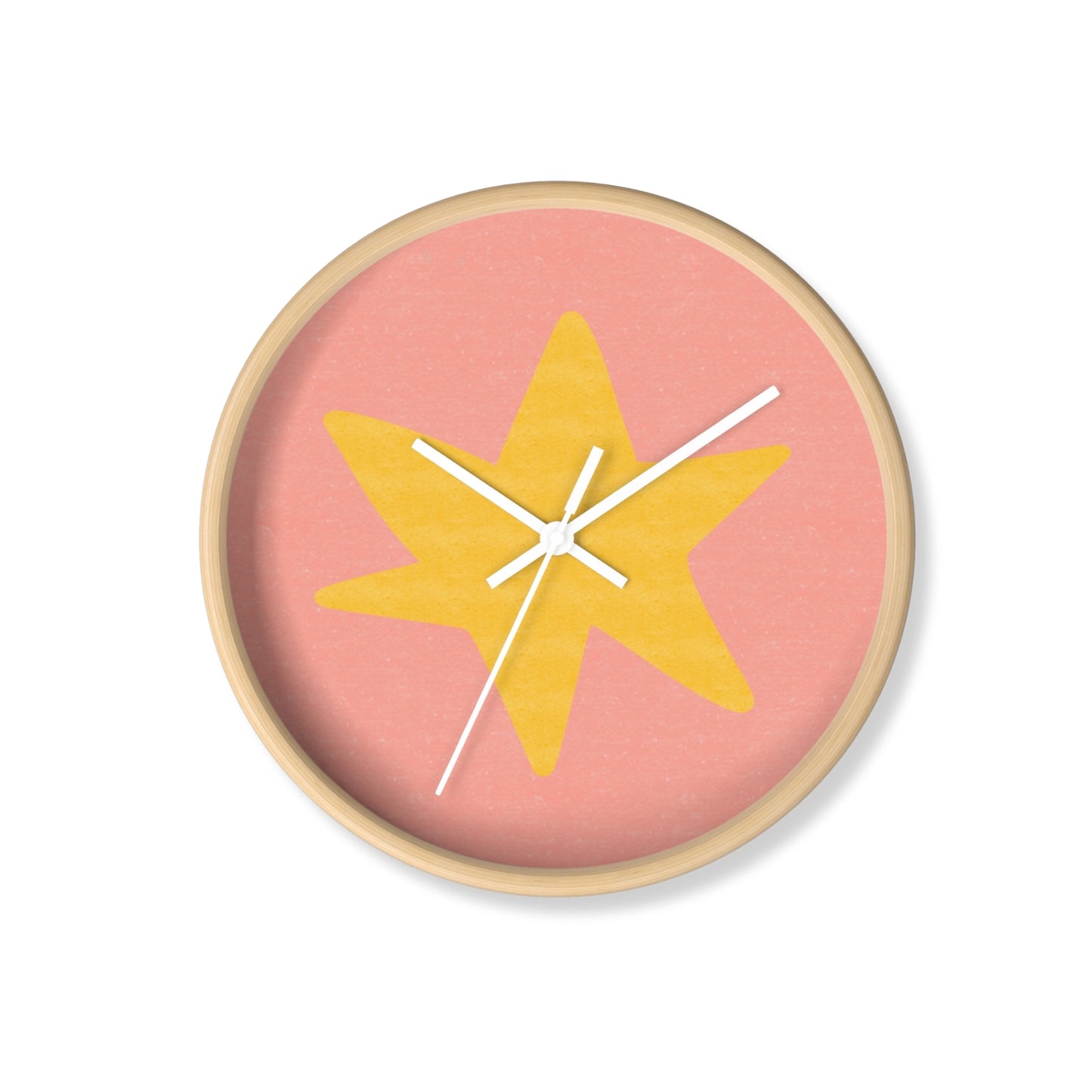 Round bamboo wall clock with hand-painted yellow star on a grey-blue background and white clock hands, perfect for nursery or playroom decor