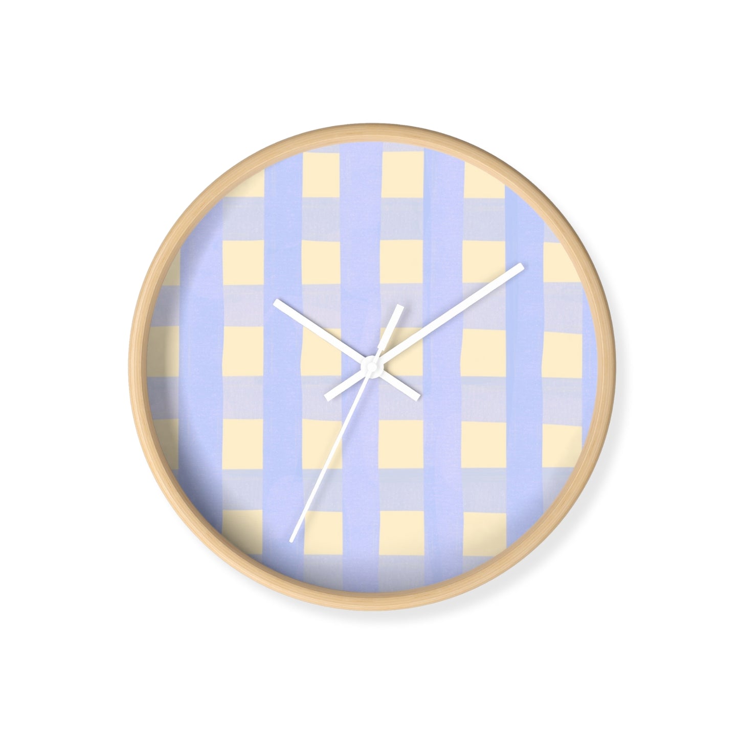 Round bamboo wall clock with soft blue and cream checkered face and black hands, styled for nursery or playroom decor