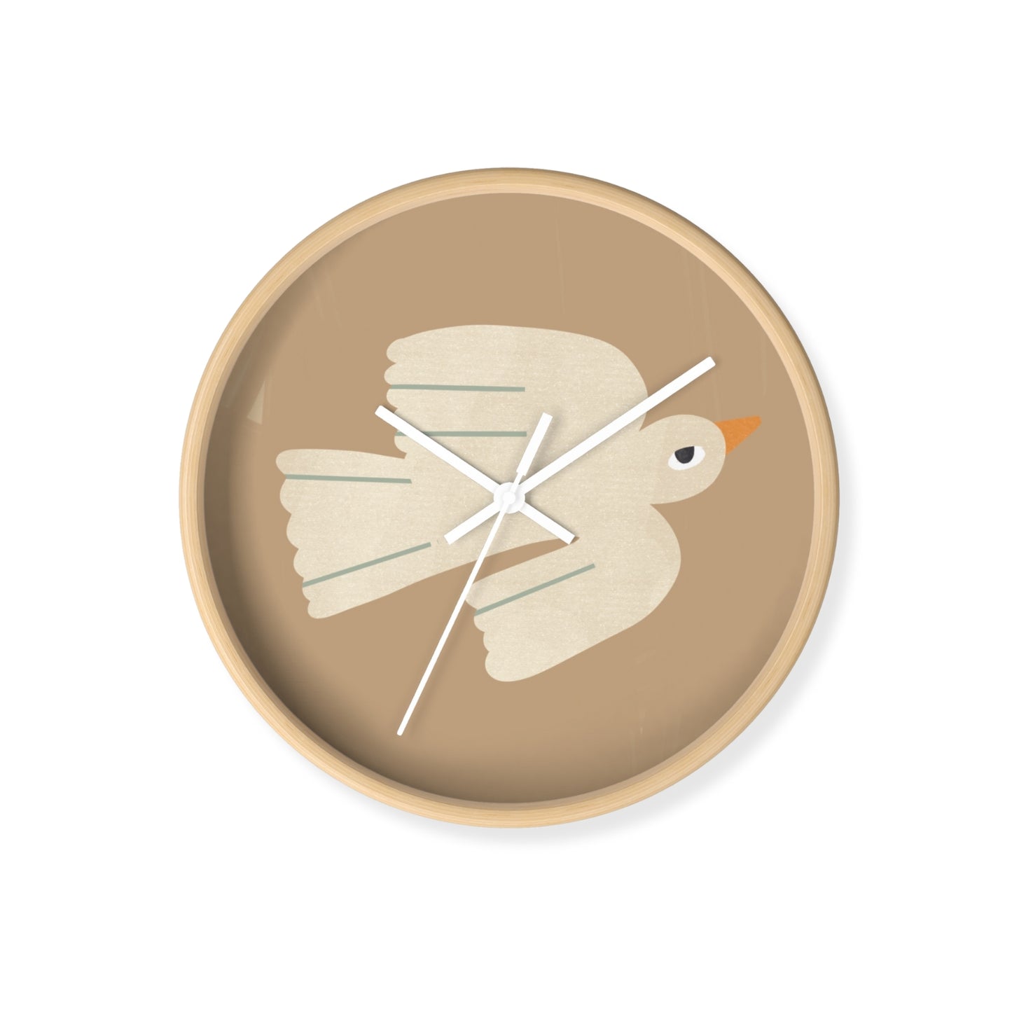 Round bamboo wall clock with minimalist cream bird illustration on a warm brown background, perfect for Scandi-style nursery decor
