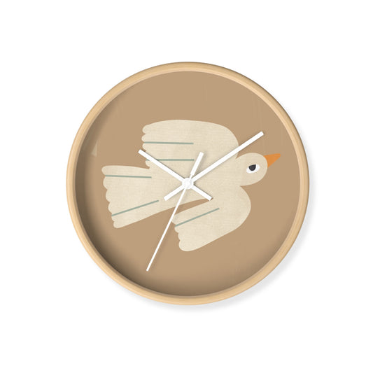 Round bamboo wall clock with minimalist cream bird illustration on a warm brown background, perfect for Scandi-style nursery decor