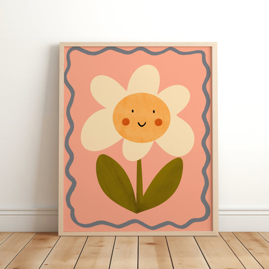 kids wall art, flower print, smiley flower art, nursery decor, kids room print, floral wall art, scandi kids decor, whimsical nursery art, peach wall art, lara and kin