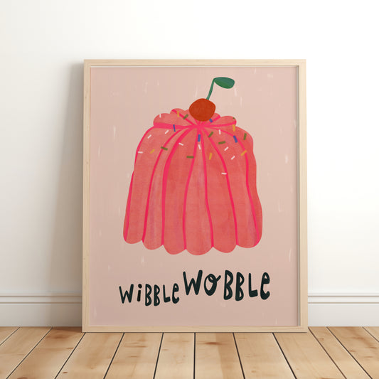 Illustrated pink jelly dessert with cherry on top and playful text reading ‘Wobble’ – retro-inspired kids wall art in wooden frame