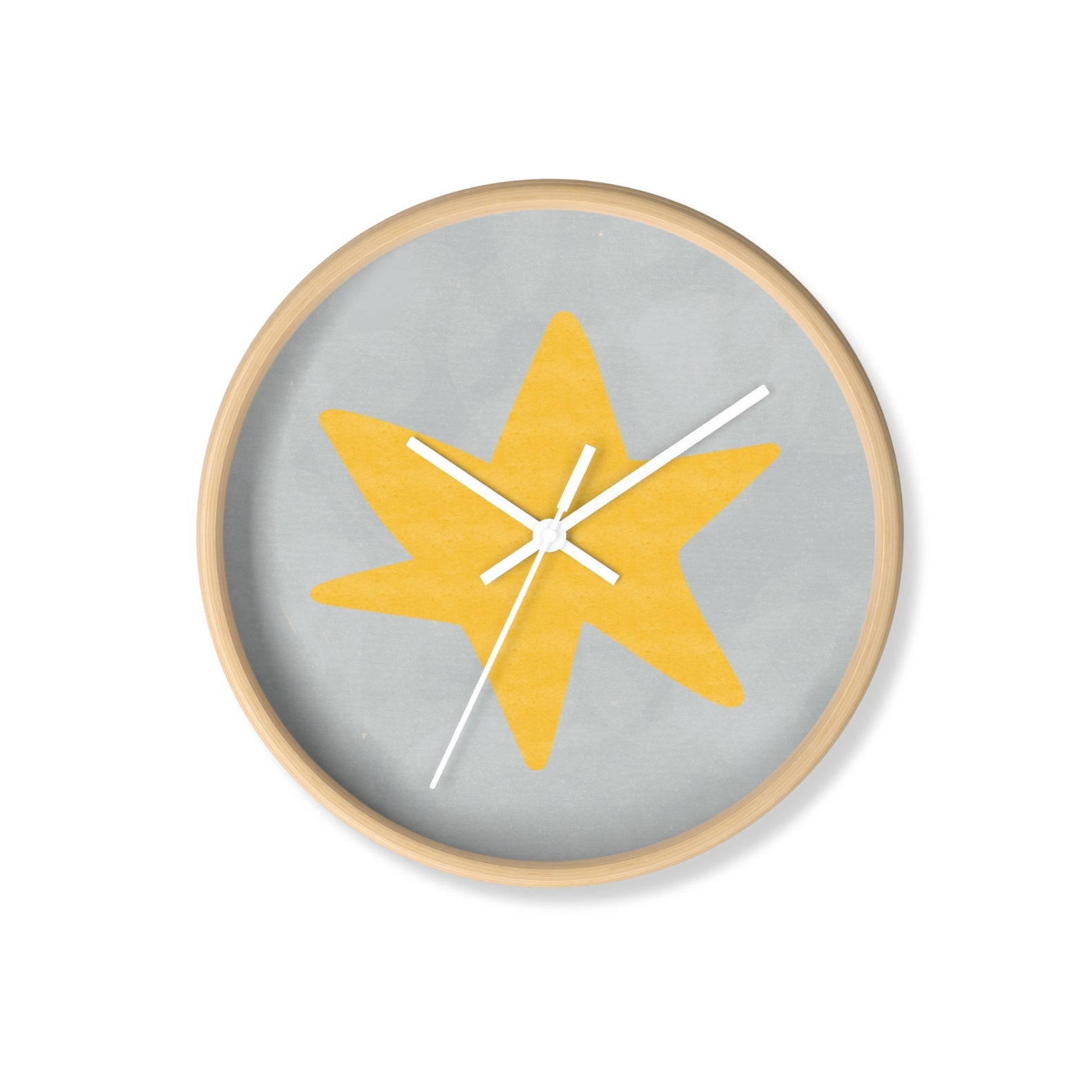 Round bamboo wall clock with hand-painted yellow star on a grey-blue background and white clock hands, perfect for nursery or playroom decor
