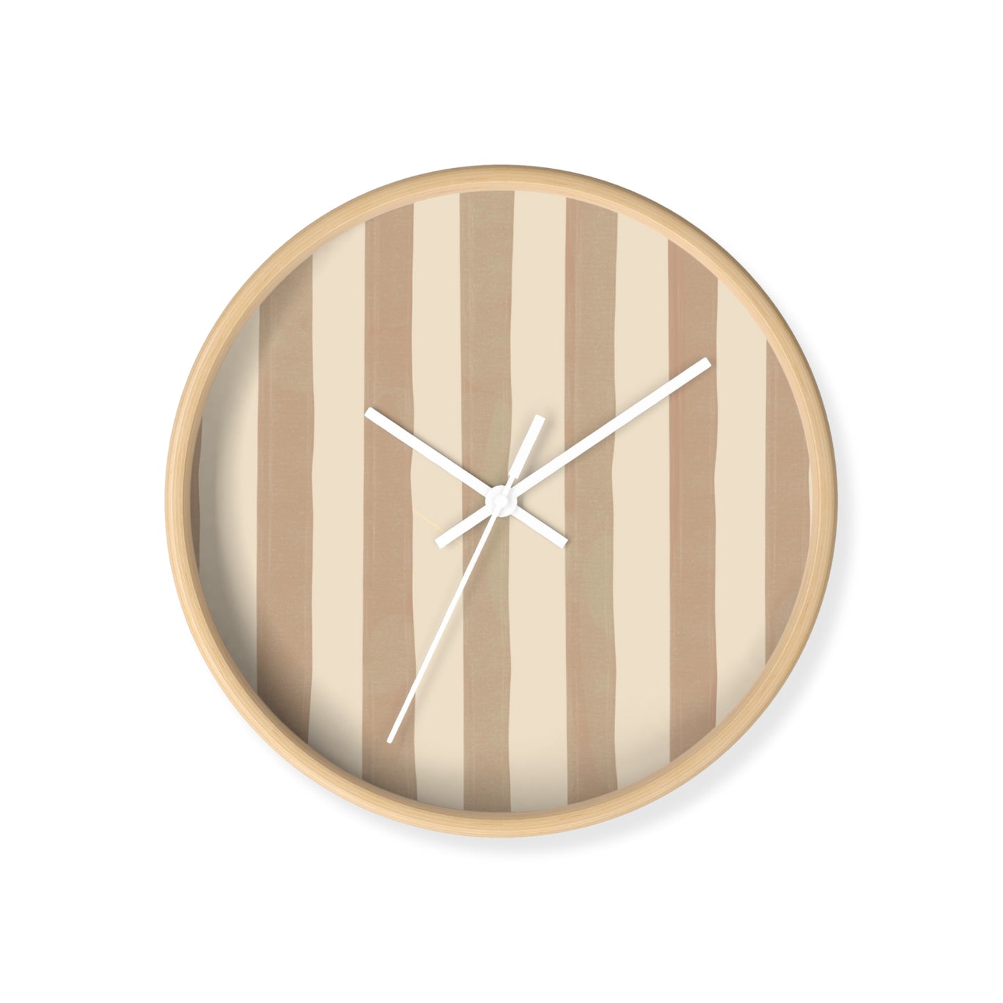 Scandi-style round wall clock with brown and beige stripes for neutral nursery decor