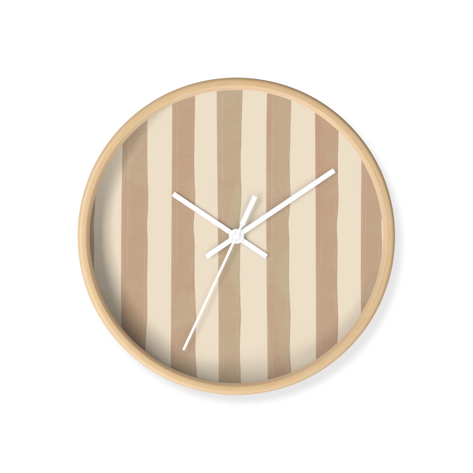 Scandi-style round wall clock with brown and beige stripes for neutral nursery decor
