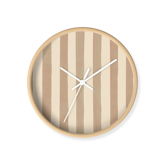 Scandi-style round wall clock with brown and beige stripes for neutral nursery decor