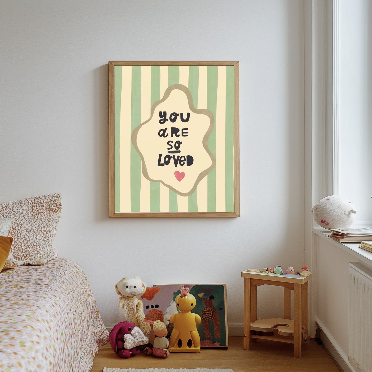 You Are So Loved Print – Green Striped Nursery Wall Art